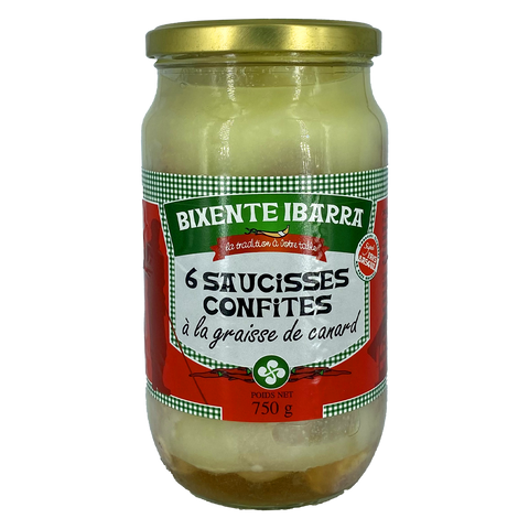 6 Saucisses Confites à la graisse de canard - 750 gr - Bixente Ibarra